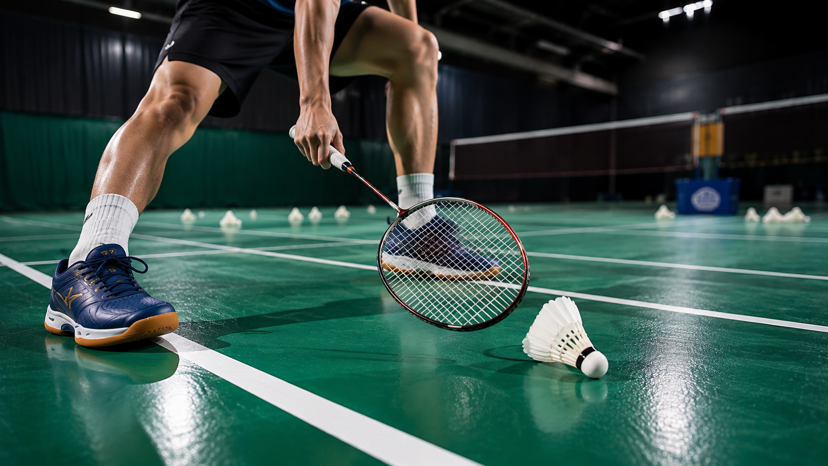 Badminton player training low to the court with racket and shuttlecock